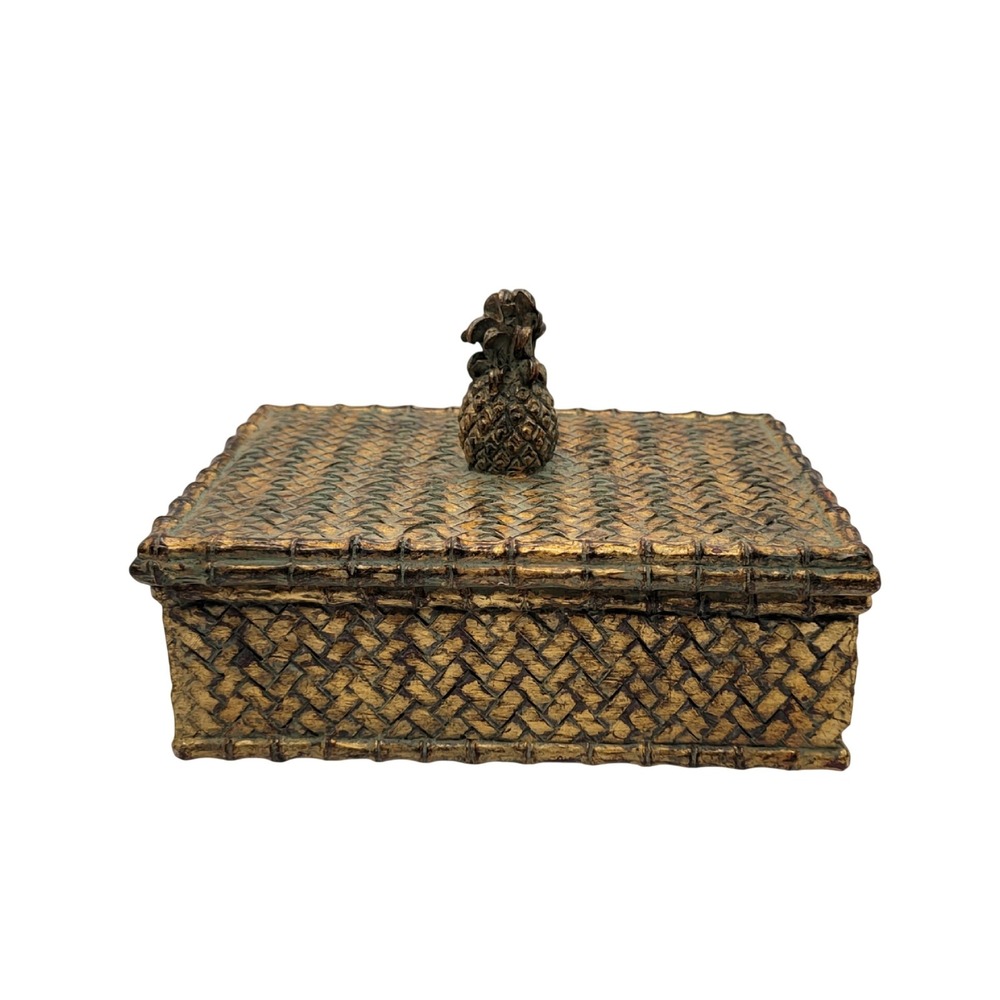 Vintage Hand Painted Gold Pineappleโ Trinket Box Basketweave
